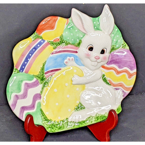 Fitz and Floyd Gathering Eggs Bunny Rabbit Plate 9" Easter Spring 2001 - Picture 1 of 5
